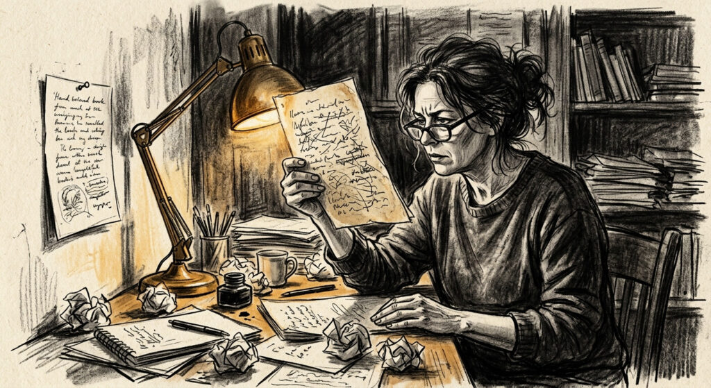 Charcoal sketch of a woman writer at a lamp-lit desk, holding up an old manuscript page and studying it critically, with a pinned page from a favorite book on the wall beside her.