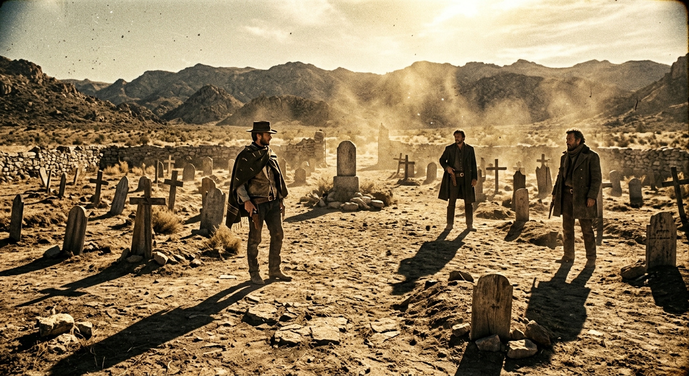 Dusty sepia spaghetti western film still of three gunmen in a triangular standoff in a sun-baked cemetery, hands hovering over holsters, one stretched second before the draw