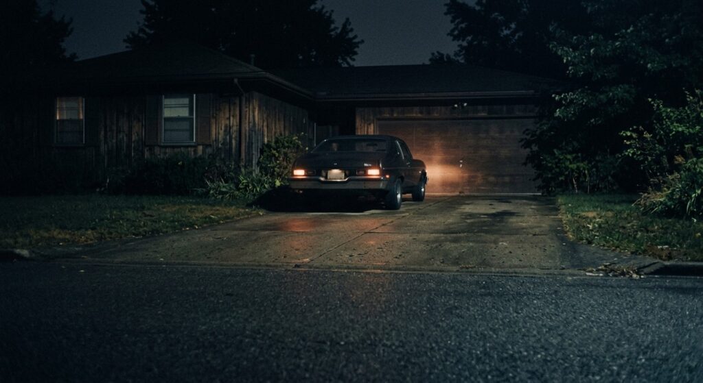 Night photograph of a suburban driveway in 1978 period tones, a parked car with its headlights just going dark, muted and still.