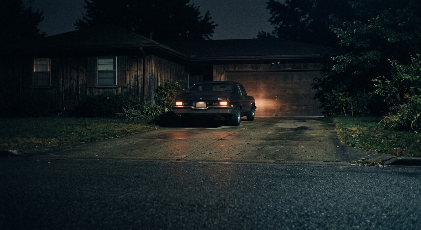 Night photograph of a suburban driveway in 1978 period tones, a parked car with its headlights just going dark, muted and still.