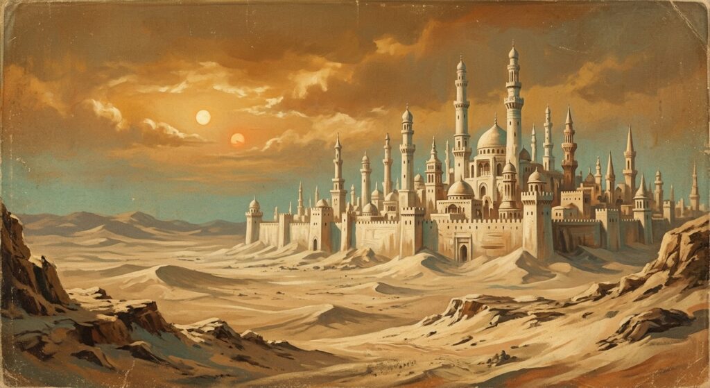 Vintage 1950s pulp science fiction painting of a walled desert city of slender towers under twin suns in an amber sky
