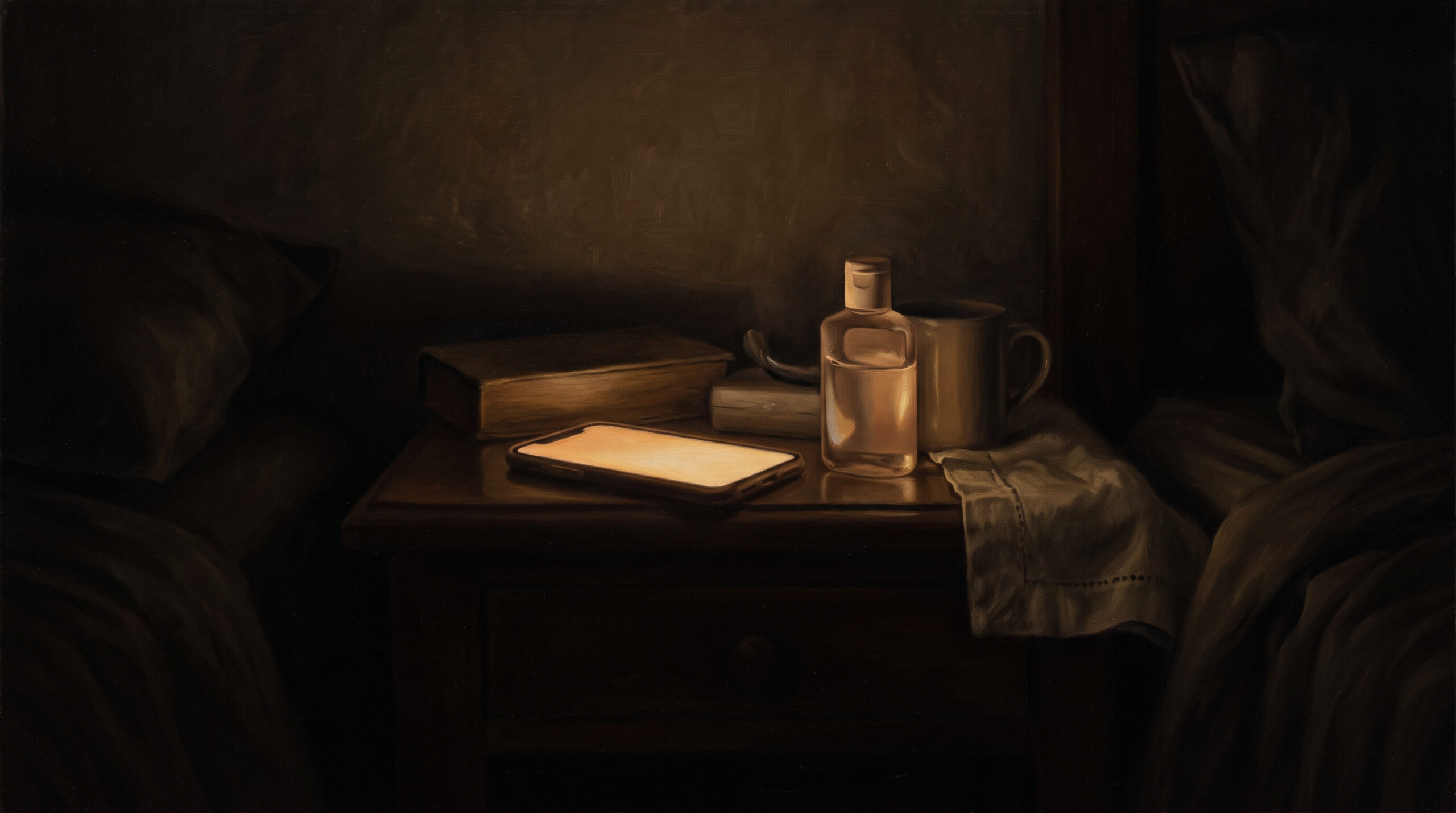 Tenebrist oil painting of a nightstand in a dark bedroom at night, a phone’s glowing screen as the only light, beside it a small bottle of hand sanitizer standing like a candle.