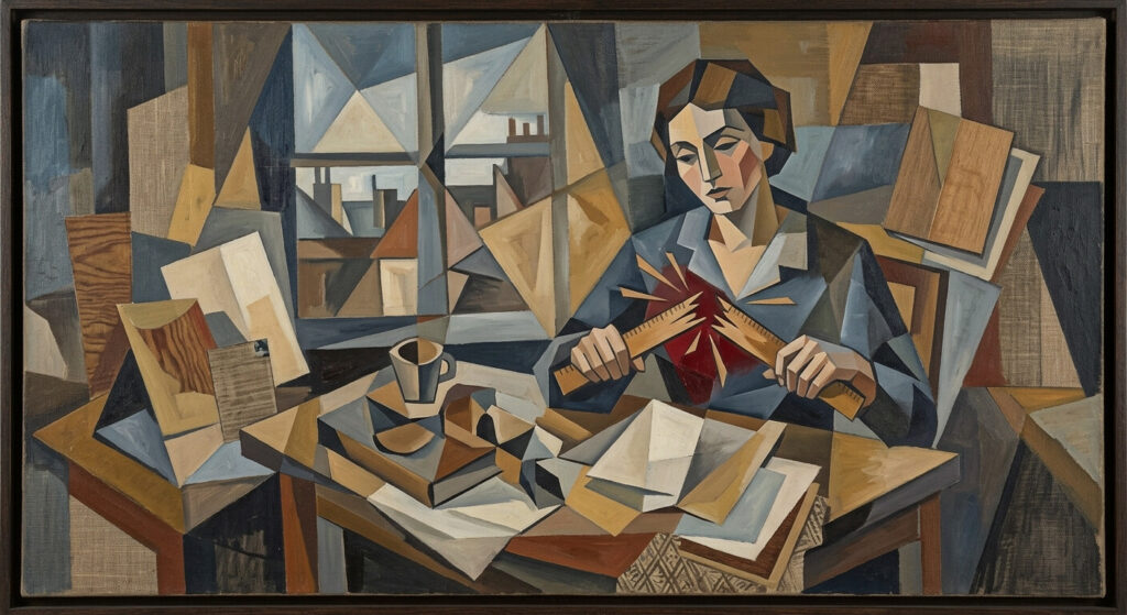 Cubist oil painting of a woman writer snapping a wooden ruler in half at her desk, the scene fractured into overlapping geometric planes of ochre, blue and brown.