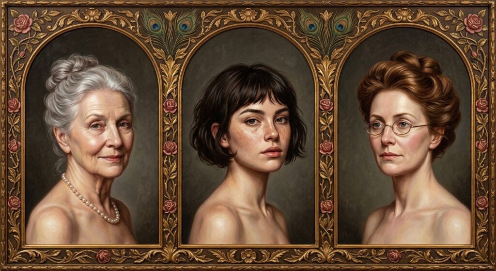 Pre-Raphaelite style triptych of three womens portraits of different ages, suggesting three distinctly different people conjured by names alone