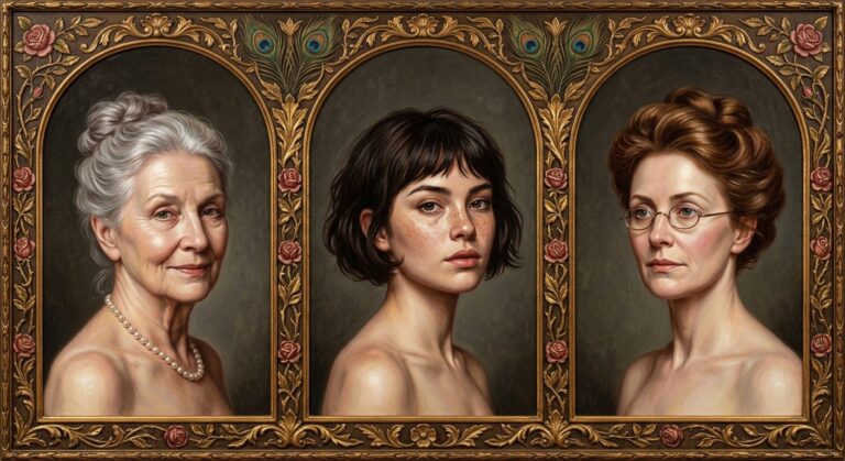 Pre-Raphaelite style triptych of three womens portraits of different ages, suggesting three distinctly different people conjured by names alone
