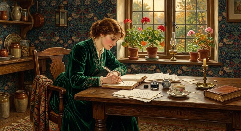 Pre-Raphaelite style oil painting of a woman writing longhand at an oak table in a richly detailed room, geraniums on the windowsill, golden window light
