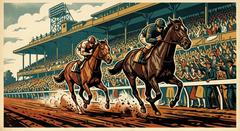 1930s WPA-style silkscreen poster illustration of a horse race: two racehorses neck and neck on a dirt track, packed grandstand behind them, flat bold poster colors.