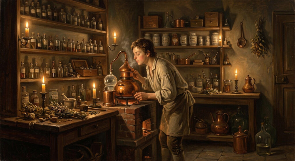 Oil painting of an 18th-century perfumer workshop: a young apprentice inhaling over a copper still among shelves of essence bottles by candlelight.