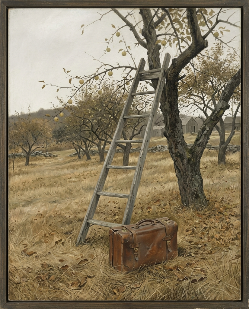 Andrew Wyeth-style tempera painting of an apple orchard with a wooden ladder against a tree and a closed suitcase at its base