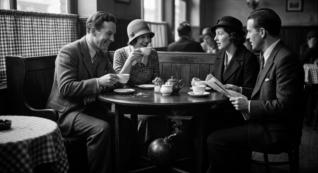 Black-and-white 1930s suspense film still of four people chatting obliviously over teacups at a cafe table while a small bomb sits half-hidden in shadow beneath the table