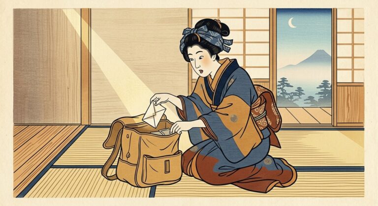 Ukiyo-e woodblock print of a woman kneeling beside an open backpack on tatami, lifting out a small folded paper packet lit by a shaft of light.