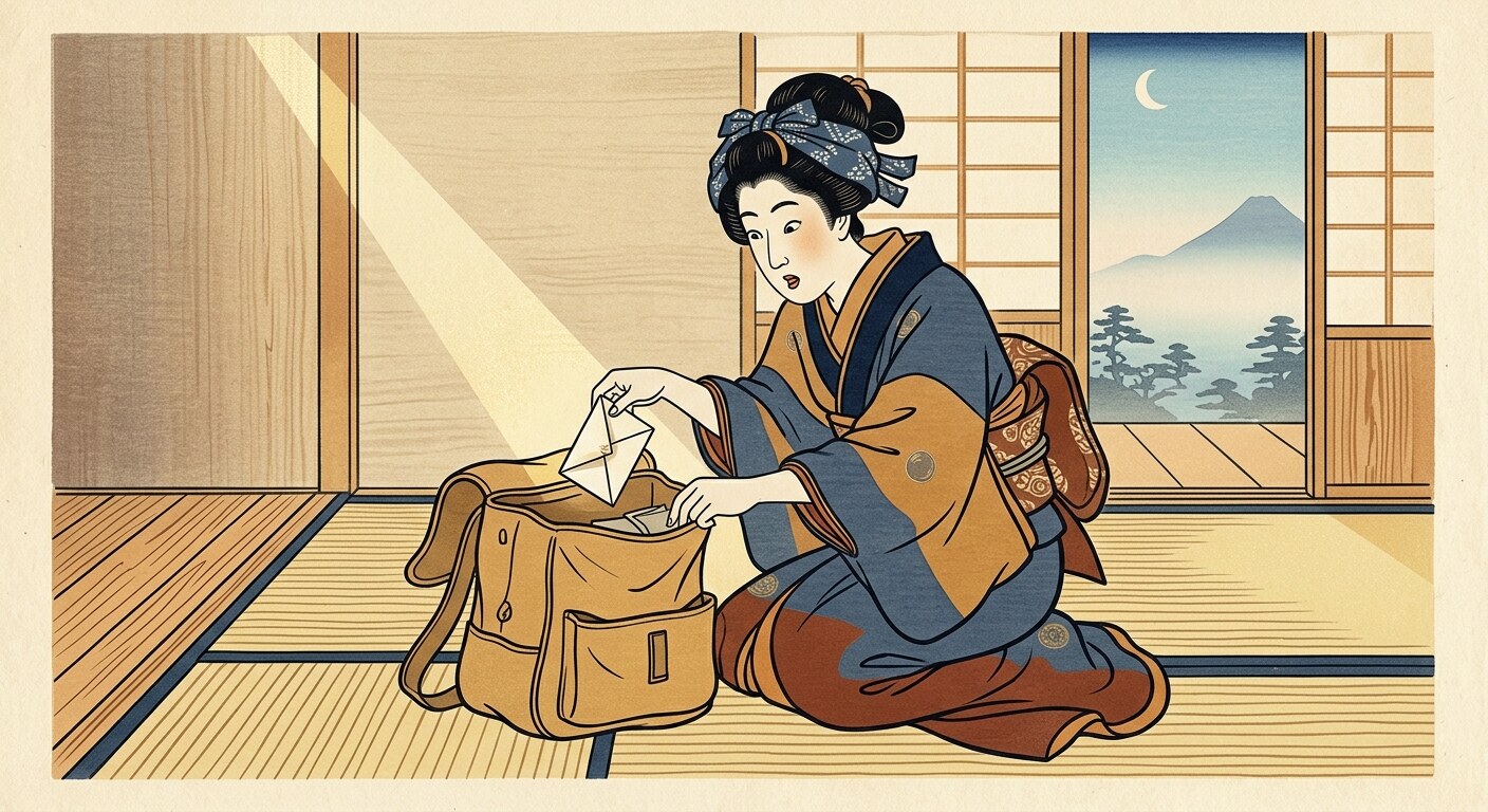 Ukiyo-e woodblock print of a woman kneeling beside an open backpack on tatami, lifting out a small folded paper packet lit by a shaft of light.