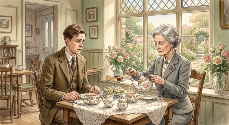 1930s-style English watercolor of a village tearoom: an elderly woman in tweed pours tea for a nervous young man whose cup sits untouched.