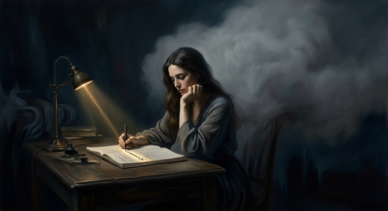 Surrealist oil painting of a woman writer at her night desk beneath a looming gray fog cloud, one line of her manuscript sharply lit by the desk lamp.