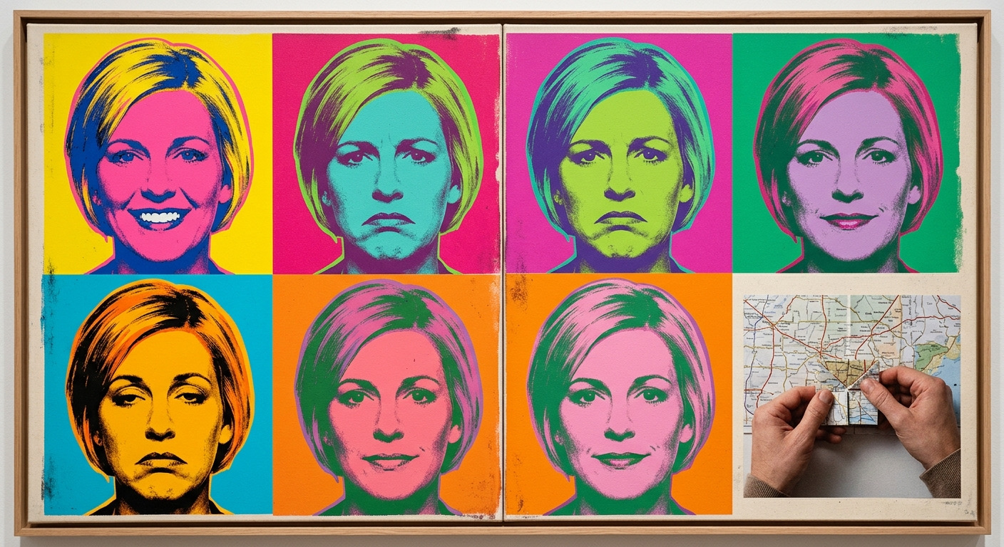 Pop art silkscreen illustration: a grid repeating the same face cycling through generic expressions, contrasted with one detailed panel of hands folding a map into a small square.