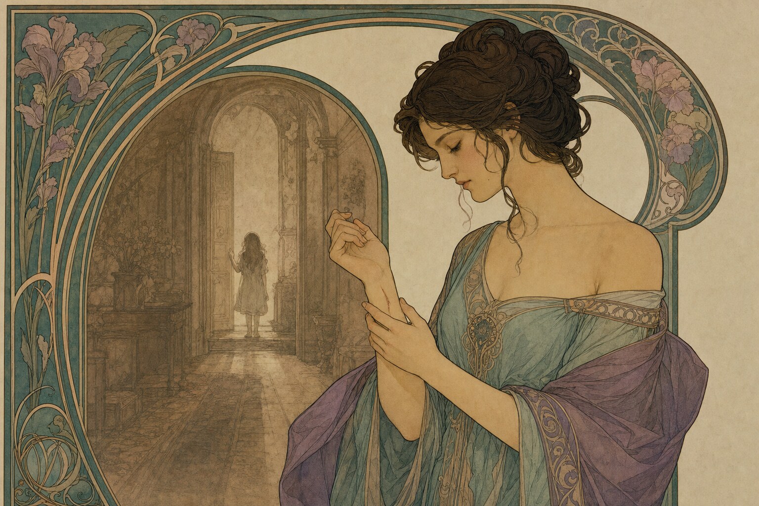 A woman touches the scar on her wrist while, inside an ornate arch behind her, a faded sepia vignette of a childhood memory surfaces. Art nouveau illustration.