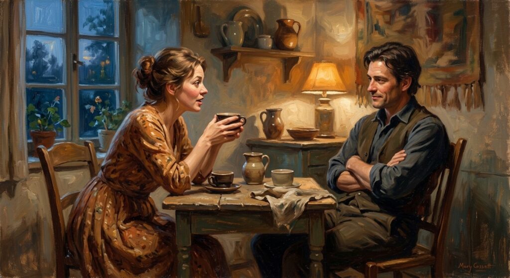 Impressionist oil painting of a couple at a lamplit kitchen table, one leaning in intently, the other leaning back with a guarded half-smile