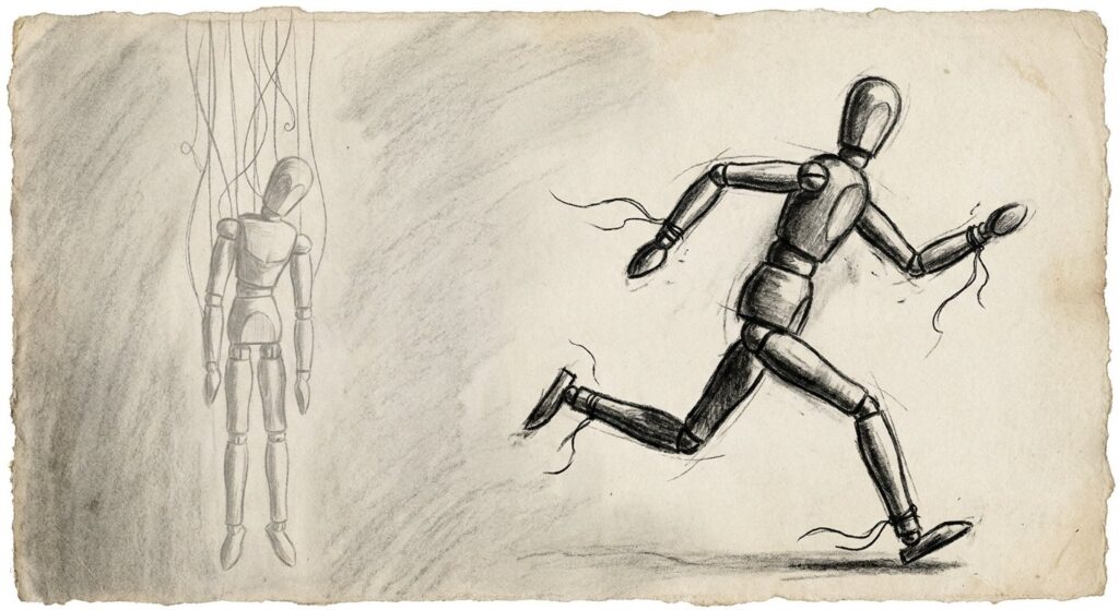 Charcoal sketch of two wooden artist mannequins: one hanging limp and motionless from its strings, the other running freely with cut strings trailing behind - symbolic of passive versus active verbs.