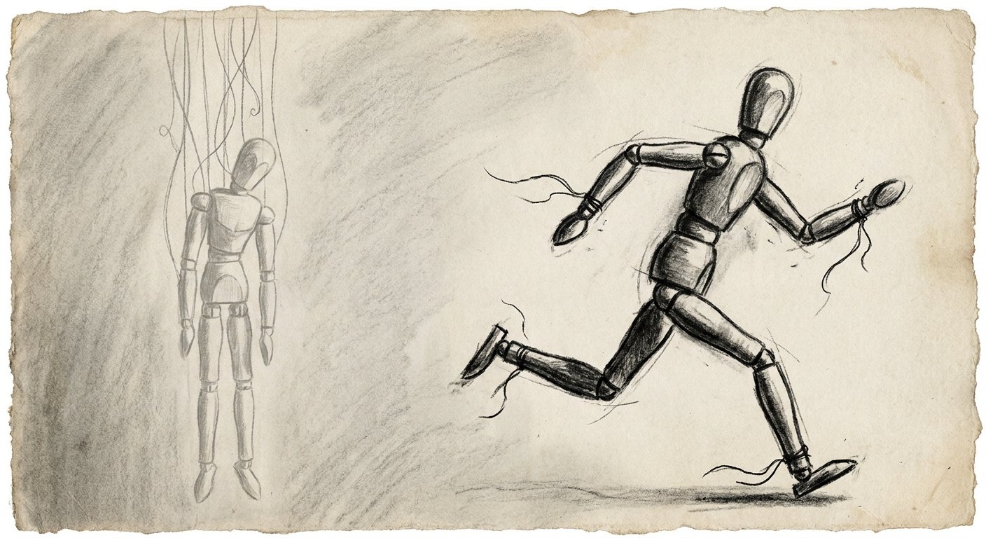 Charcoal sketch of two wooden artist mannequins: one hanging limp and motionless from its strings, the other running freely with cut strings trailing behind - symbolic of passive versus active verbs.