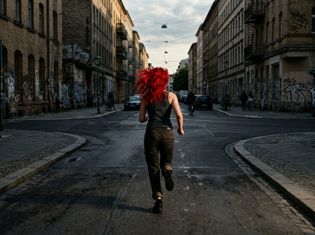 Cinematic film still of a woman with vivid red hair running from behind down a city street, three paths diverging ahead on the pavement