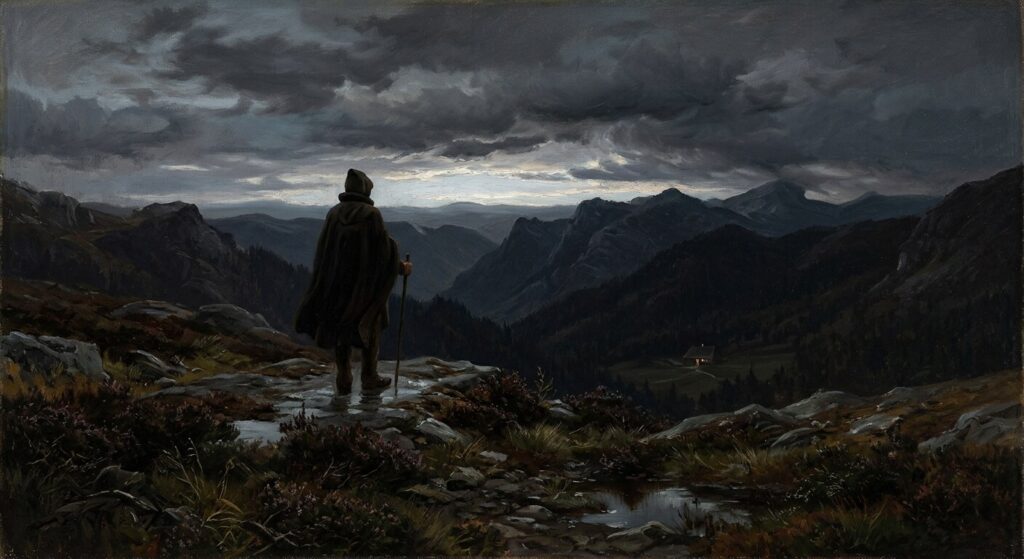 Romantic oil painting of a lone hooded figure on a rain-soaked moor at dusk, seen from behind, with a single lit window glowing far below in the valley