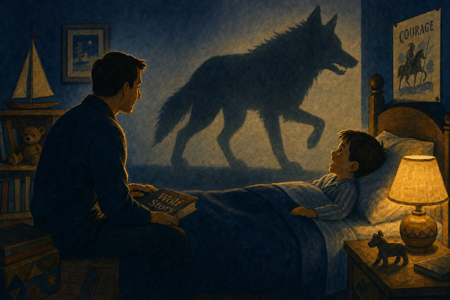 Mid-century children's book illustration of a father's silhouette at his son's bedside reading Wolf Story aloud, the book open in his lap, while a large wolf shadow looms on the wall as if conjured by the story itself