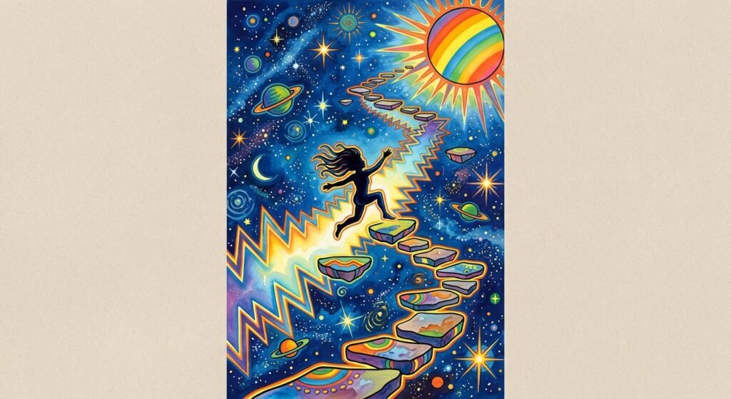 Peter Max style psychedelic poster of a silhouetted figure leaping up a jagged sawtooth path of floating stone platforms rising through a starry sky