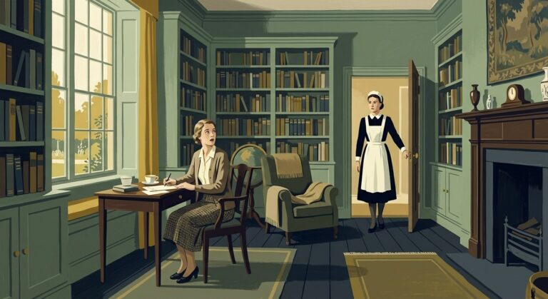 1930s British book-jacket style painting of an English country-house library: a housemaid in a black dress and white apron standing in the doorway mid-announcement while a lady looks up from her writing desk