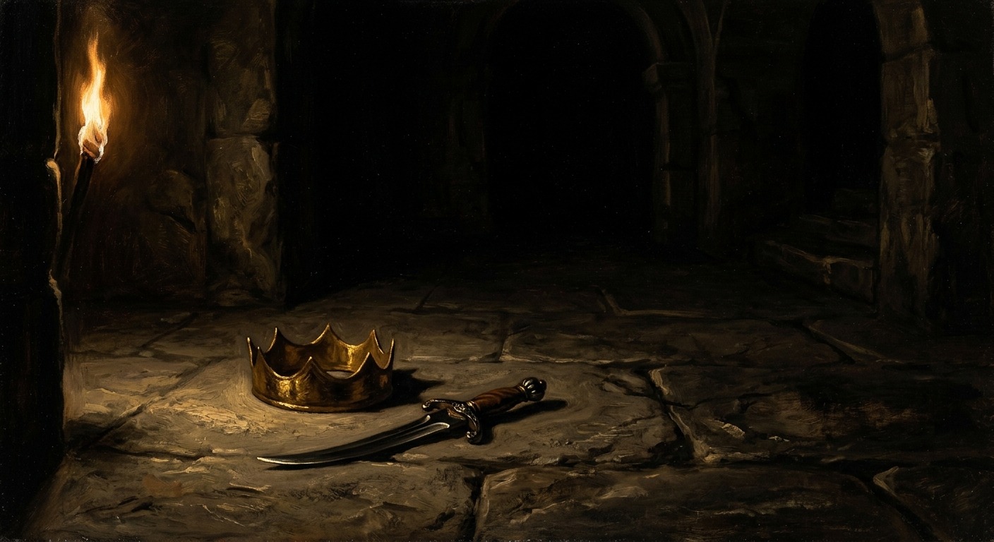 Chiaroscuro oil painting of a golden crown and a dagger on a stone floor, lit by a single torch flame in a dark chamber