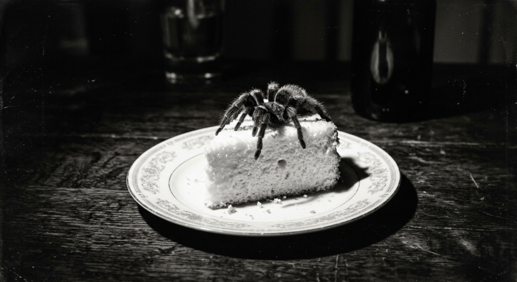 Film noir black-and-white photograph of a tarantula perched on a slice of angel food cake on a china plate, in the style of a 1940s Hollywood studio still life