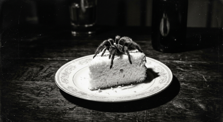 Film noir black-and-white photograph of a tarantula perched on a slice of angel food cake on a china plate, in the style of a 1940s Hollywood studio still life