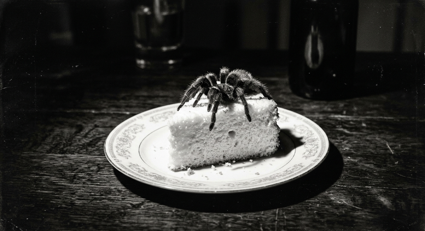 Film noir black-and-white photograph of a tarantula perched on a slice of angel food cake on a china plate, in the style of a 1940s Hollywood studio still life