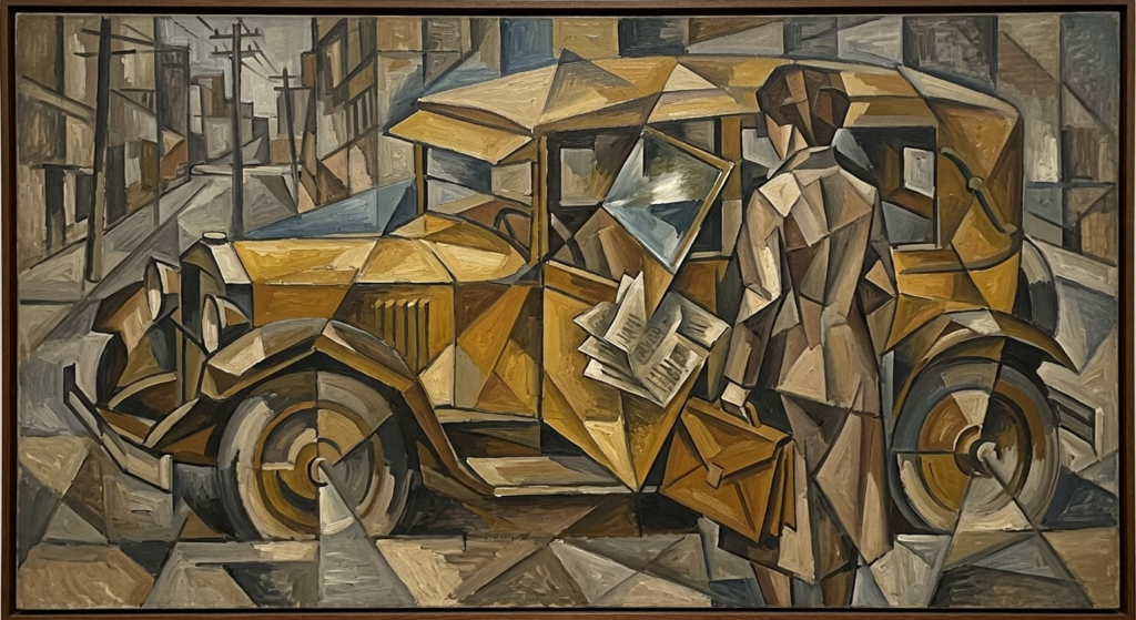 Analytical cubist oil painting of a yellow taxi on a city street fractured into faceted planes, a woman in a long coat seen from behind holding a briefcase