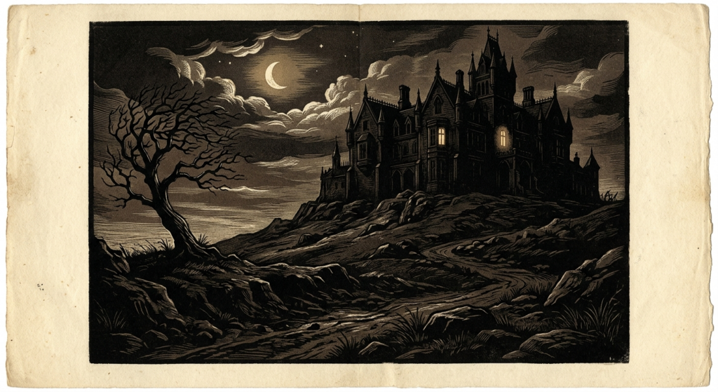 Chiaroscuro woodcut of a dark gothic mansion on a bare hill at night, one faintly lit window, a leafless tree at the edge of the slope