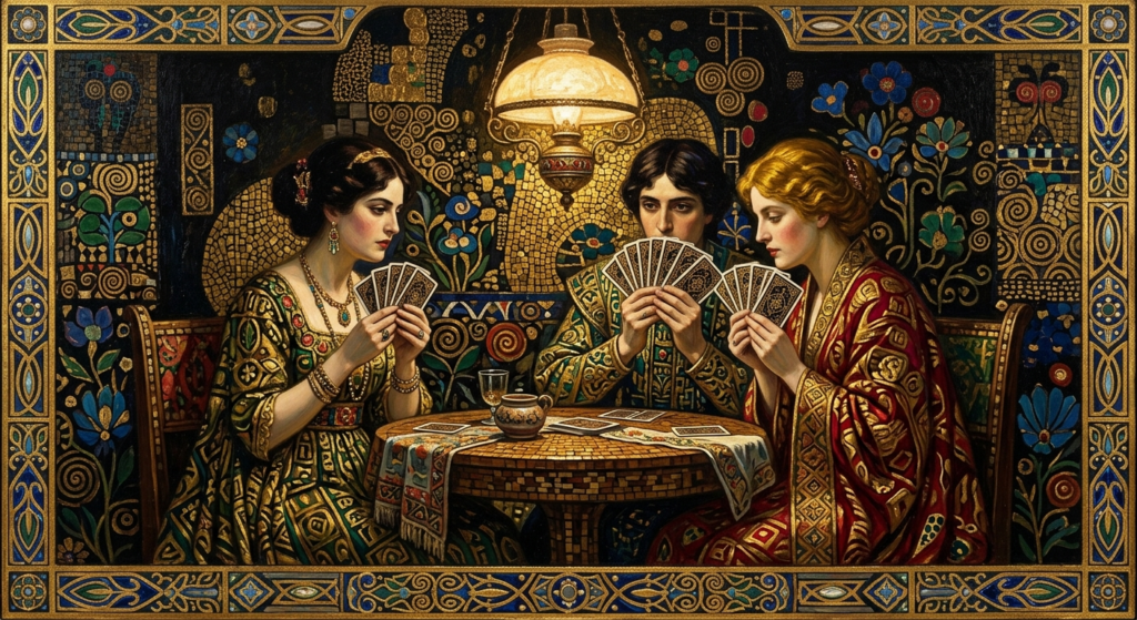 Vienna Secession-style painting in the Gustav Klimt tradition: three card players at a small round table at night, each holding a fan of playing cards close to the chest so no player can see another hand, gold mosaic ornament behind them