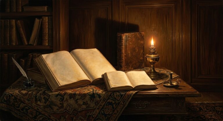 Dutch Golden Age candlelit still life of two open books on a dark wooden desk beside an oil lamp, its shadow on the wall shaped like an older book.
