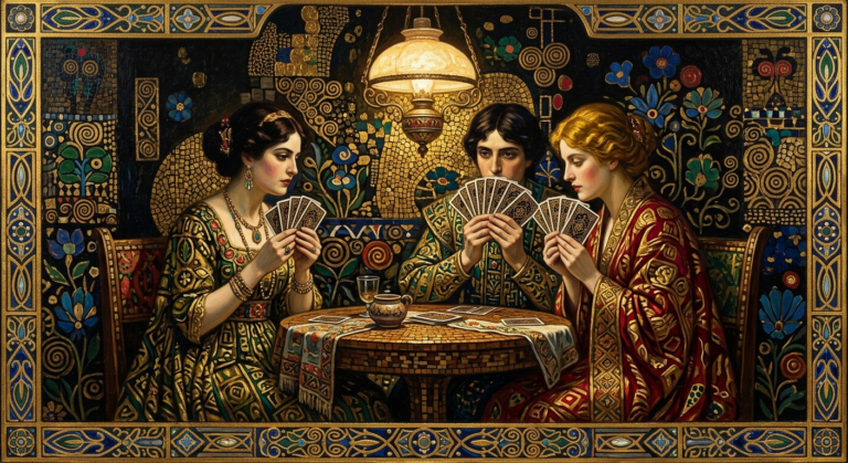 Vienna Secession-style painting in the Gustav Klimt tradition: three card players at a small round table at night, each holding a fan of playing cards close to the chest so no player can see another hand, gold mosaic ornament behind them