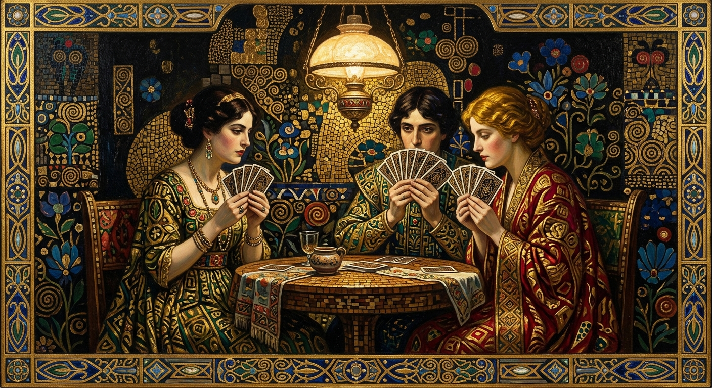 Vienna Secession-style painting in the Gustav Klimt tradition: three card players at a small round table at night, each holding a fan of playing cards close to the chest so no player can see another hand, gold mosaic ornament behind them