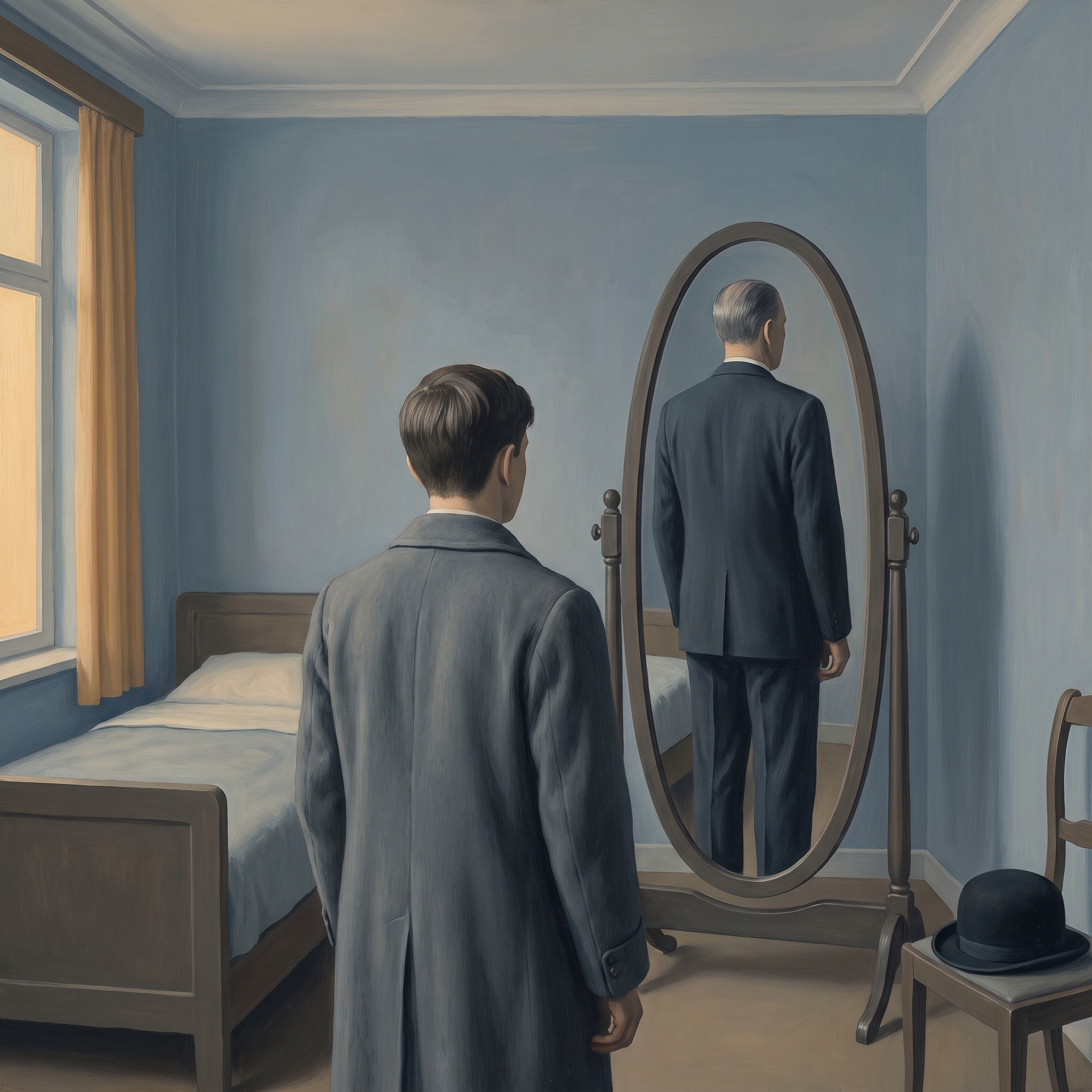 Surrealist oil painting of a figure seen from behind before a tall oval mirror; the reflection is an entirely different person, older and in a suit, in the quiet manner of Magritte.