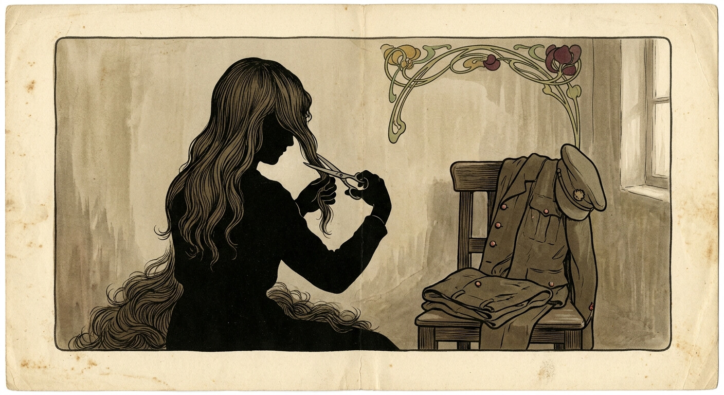 An alternate-1914 air-service recruit cuts her hair beside the uniform she will wear, in a muted Art Nouveau lithograph style.