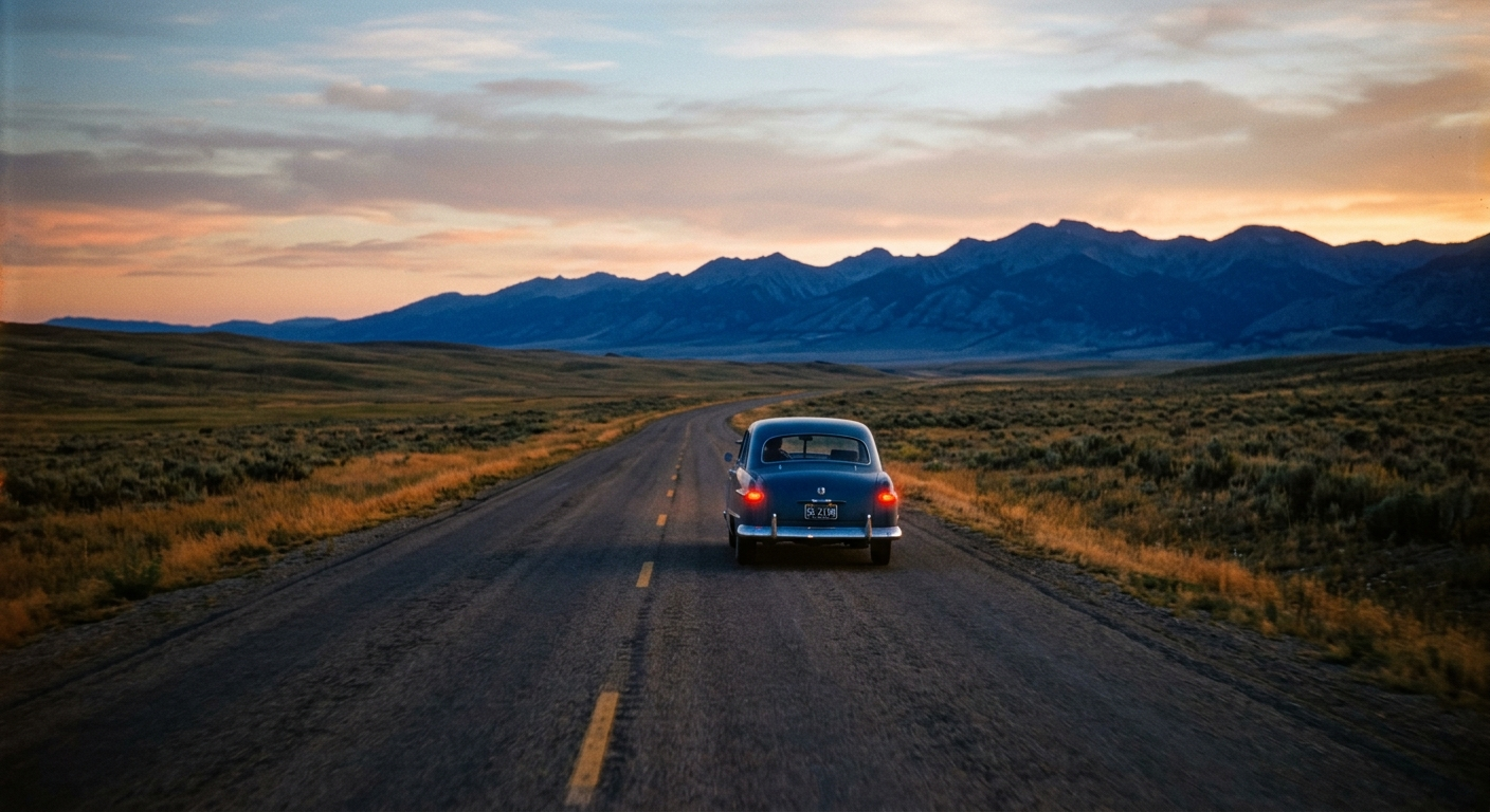 Kodachrome-style photograph of a lone sedan on an empty two-lane highway at dusk, red taillights glowing, blue mountains on the horizon