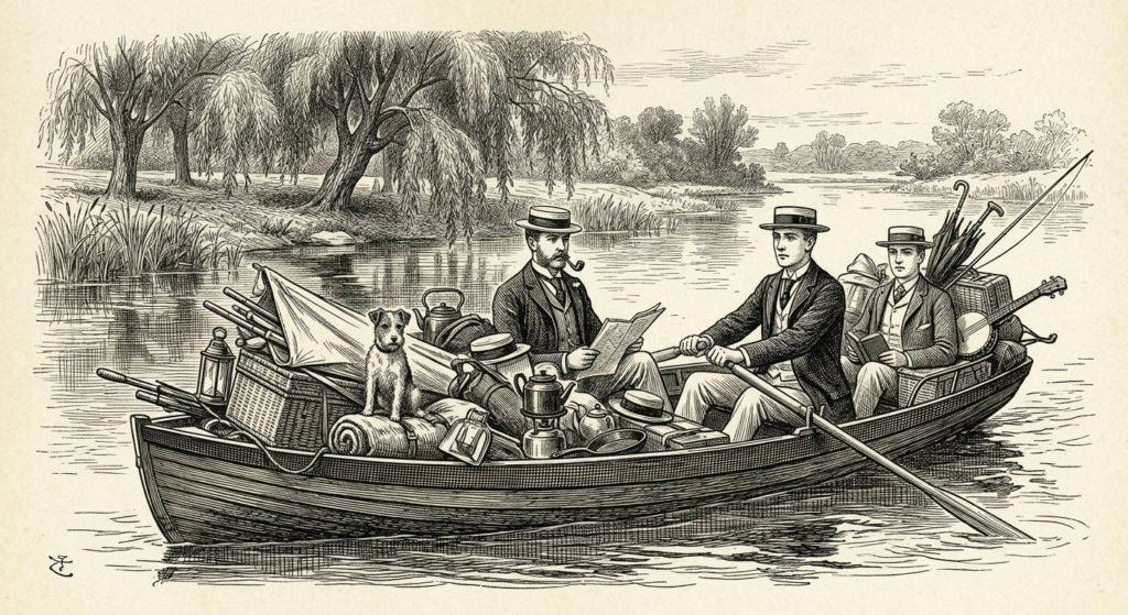 19th-century pen-and-ink engraving of three Victorian gentlemen and a fox terrier in an overloaded rowing boat drifting on a calm river past willows.