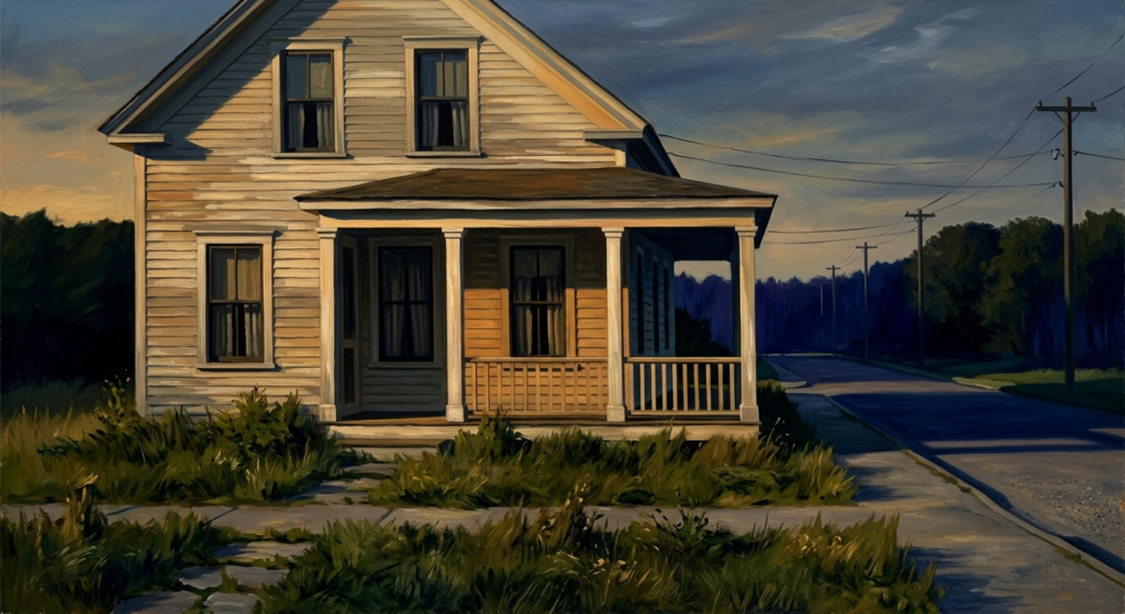 Edward Hopper-style oil painting of a lone clapboard house on an empty small-town street at early evening, amber light on the porch, dark curtained windows, no people.