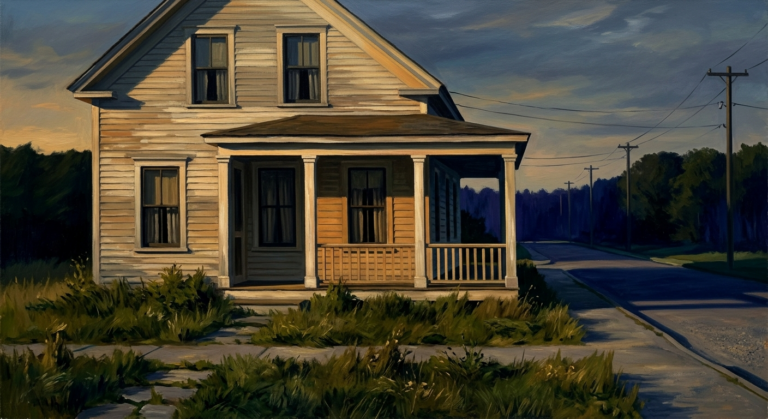 Edward Hopper-style oil painting of a lone clapboard house on an empty small-town street at early evening, amber light on the porch, dark curtained windows, no people.