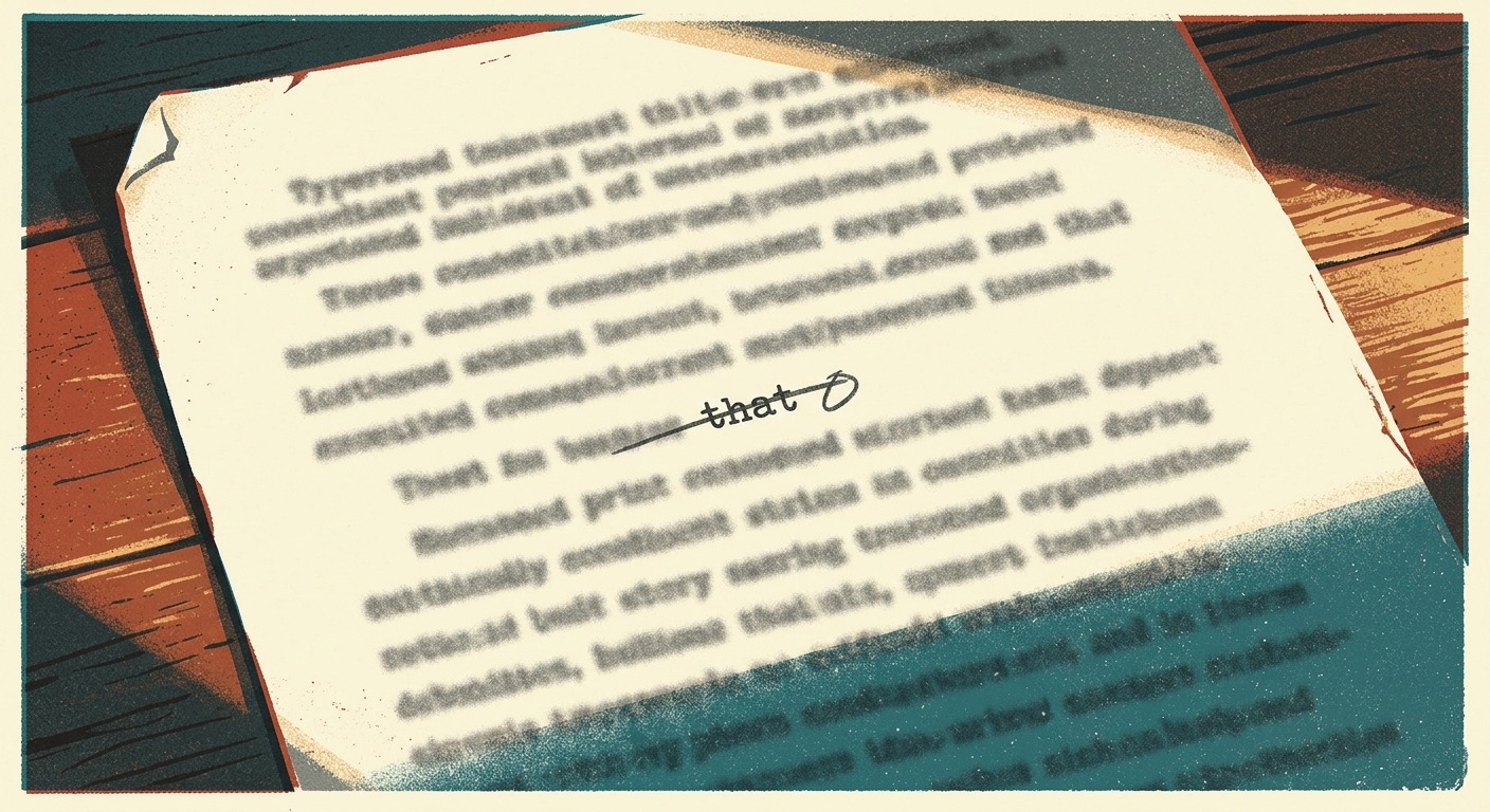 WPA-style 1930s silkscreen illustration of a typewritten manuscript page on a wooden desk, one lowercase word struck through by a bold graphite proofreader stroke