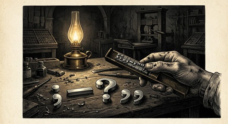 Wood engraving of a typesetters hand with punctuation marks as tools