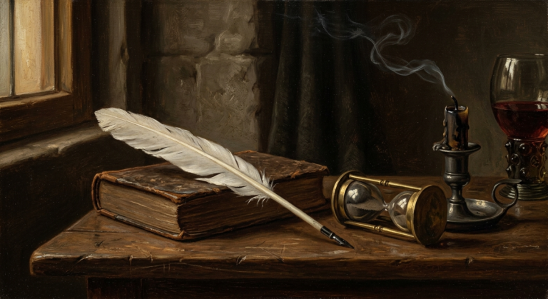Vanitas still life oil painting of a white quill pen laid like a sword across a closed book, beside a spent hourglass and a snuffed candle, in 17th-century chiaroscuro lighting