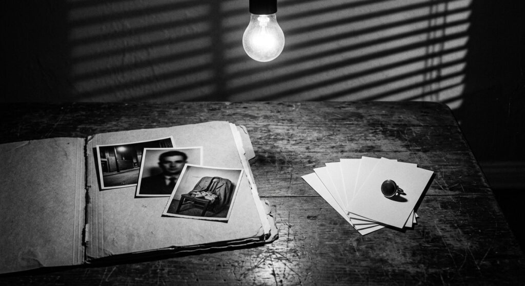 Film noir black-and-white still life: an open detective's case file and a fan of blank betting slips side by side on a scarred wooden table under a single bare bulb