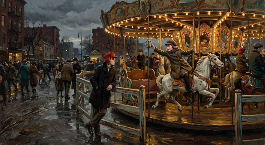 Ashcan School style oil painting of a rain-slicked city park carousel at dusk, a girl on a painted horse reaching for a brass ring while a boy in a red hunting hat watches from the rail
