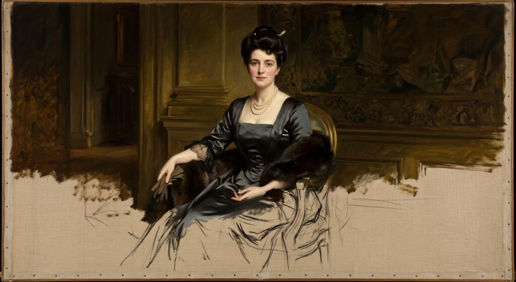 Oil portrait in the manner of John Singer Sargent: a womans serene, idealized painted portrait dissolving into scraped unfinished canvas and loose charcoal pentimenti at the bottom edge